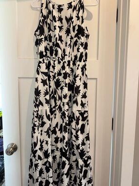 Black & White Floral Maxi Dress with Sleeveless Halter Neck